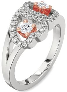 Diamond Silver & 10K Rose Gold Heart Two Stone Ring