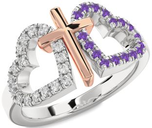 Diamond & Amethyst Platinum & Rose Gold Heart Cross Promise Ring