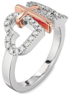 Diamond Silver & 10K Rose Gold Heart Cross Ring