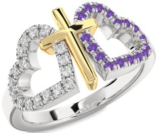 Diamond & Amethyst Platinum & Yellow Gold Heart Cross Promise Ring