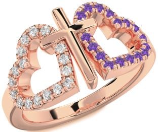 Diamond & Amethyst Rose Gold Heart Cross Promise Ring