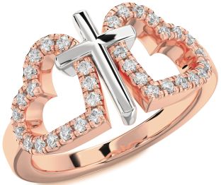 Diamond White Rose Gold Heart Cross Ring