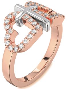 Diamond White Rose Gold Heart Cross Ring