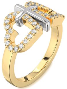 Diamond White Yellow Gold Heart Cross Ring