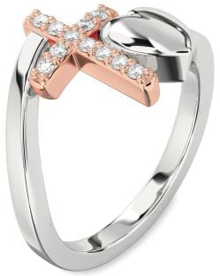 Diamond Platinum & Rose Gold Heart Cross Ring