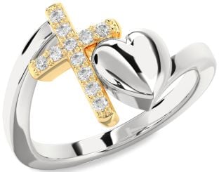 Diamond Silver & 10K gold Heart Cross Ring
