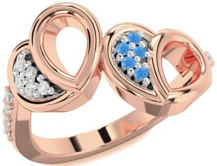 Diamond & Swiss Blue Topaz Rose Gold Silver Heart Promise Ring