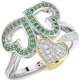 Diamond & Emerald Platinum & Yellow Gold Heart Pave Promise Ring