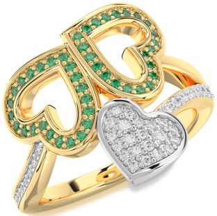 Diamond & Emerald Platinum & Yellow Gold Heart Pave Promise Ring