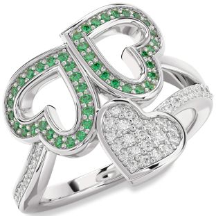 Diamond & Emerald Platinum Heart Pave Promise Ring