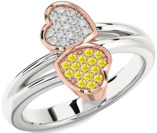 Diamond & Yellow Sapphire White Rose Gold Heart Promise Ring