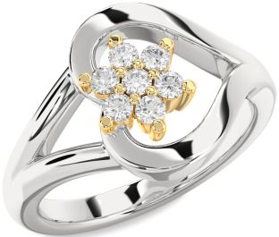 Diamond Silver & 10K gold Heart Flower Promise Ring