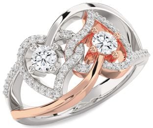 Diamond Silver & 10K Rose Gold Heart Two Stone Ring