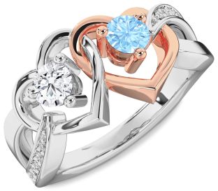 Diamond Silver & 10K Rose Gold Heart Two Stone Promise Ring