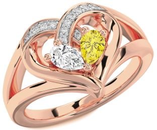 Diamond Rose Gold Silver Heart Two Stone Promise Ring