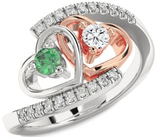 Diamond Silver & 10K Rose Gold Heart Two Stone Promise Ring
