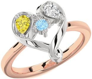 Rose Gold Silver Heart Three Stone Mother's Ring