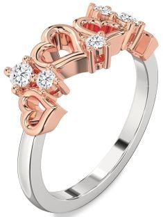 Diamond Silver & 10K Rose Gold Heart Three Stone Ring