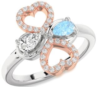 Diamond Rose Gold Silver Heart Two Stone Promise Ring