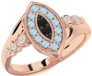 Black Diamond & Aquamarine Rose Gold Evil Eye Ring