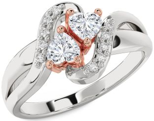 Diamond Silver & 10K Rose Gold Two Heart Ring