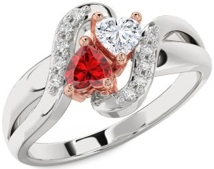Diamond Emerald Platinum & Rose Gold Two Heart Birthstone Ring