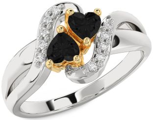 Black Diamond Gold Silver Two Heart Ring