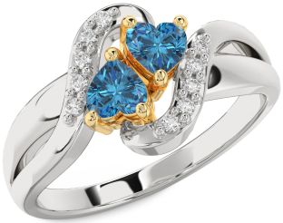 Blue Diamond Gold Silver Two Heart Ring