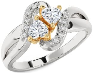 Diamond White Yellow Gold Two Heart Ring