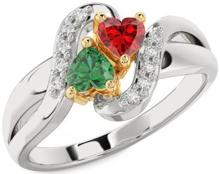 Diamond Emerald Platinum & Yellow Gold Two Heart Birthstone Ring