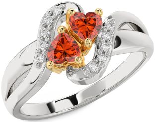 Diamond Fire Opal Gold Silver Two Heart Ring