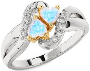 Diamond Moonstone Gold Silver Two Heart Ring