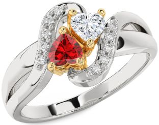 Diamond Emerald Platinum & Yellow Gold Two Heart Birthstone Ring