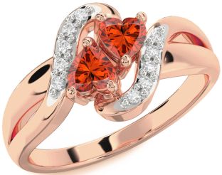 Diamond Fire Opal Rose Gold Silver Two Heart Ring