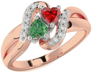 Diamond Emerald Platinum & Rose Gold Two Heart Birthstone Ring