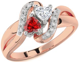 Diamond Emerald Platinum & Rose Gold Two Heart Birthstone Ring