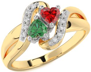 Diamond Emerald Platinum & Yellow Gold Two Heart Birthstone Ring