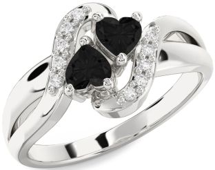 Black Diamond Silver Two Heart Ring
