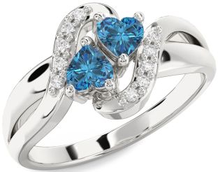 Blue Diamond Silver Two Heart Ring