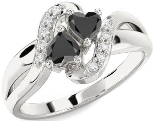 Diamond Black Onyx Silver Two Heart Ring