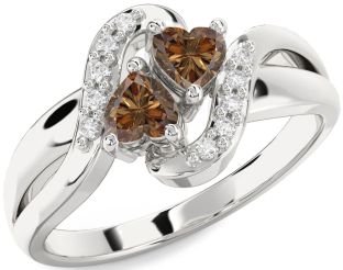 Chocolate Brown Diamond Silver Two Heart Ring