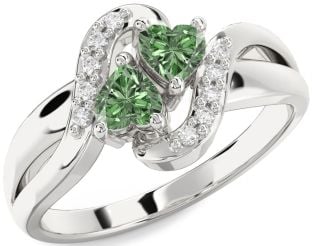 Green Diamond Silver Two Heart Ring