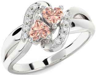 Diamond Morganite Silver Two Heart Ring