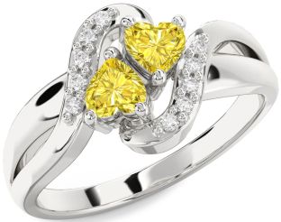 Yellow Diamond Silver Two Heart Ring
