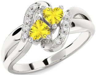 Diamond Yellow Sapphire Silver Two Heart Ring