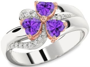 Diamond Emerald Platinum & Rose Gold Heart Flower Three Stone Birthstone Ring