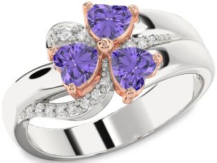 Diamond Emerald Platinum & Rose Gold Heart Flower Three Stone Birthstone Ring