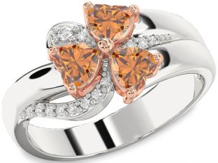 Diamond Emerald Platinum & Rose Gold Heart Flower Three Stone Birthstone Ring