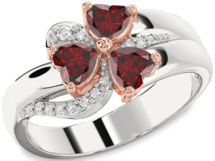 Diamond Emerald Platinum & Rose Gold Heart Flower Three Stone Birthstone Ring