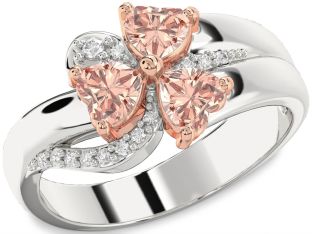 Diamond Emerald Platinum & Rose Gold Heart Flower Three Stone Birthstone Ring